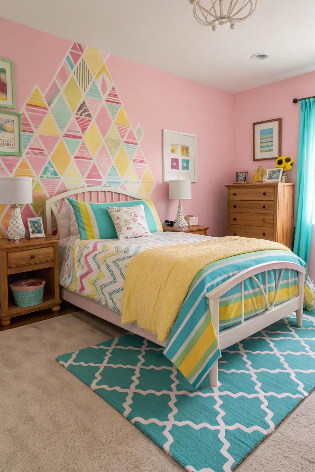 A bedroom featuring a vibrant color scheme and harmonized decor.