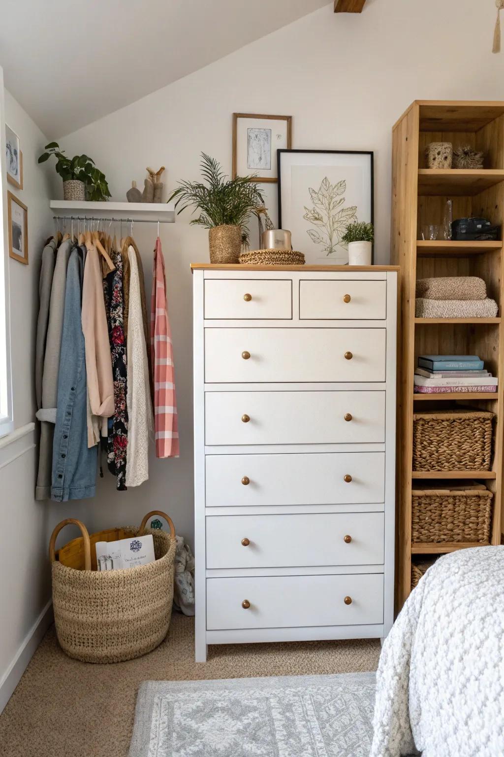 A tall, narrow dresser effectively using vertical space in a small bedroom.