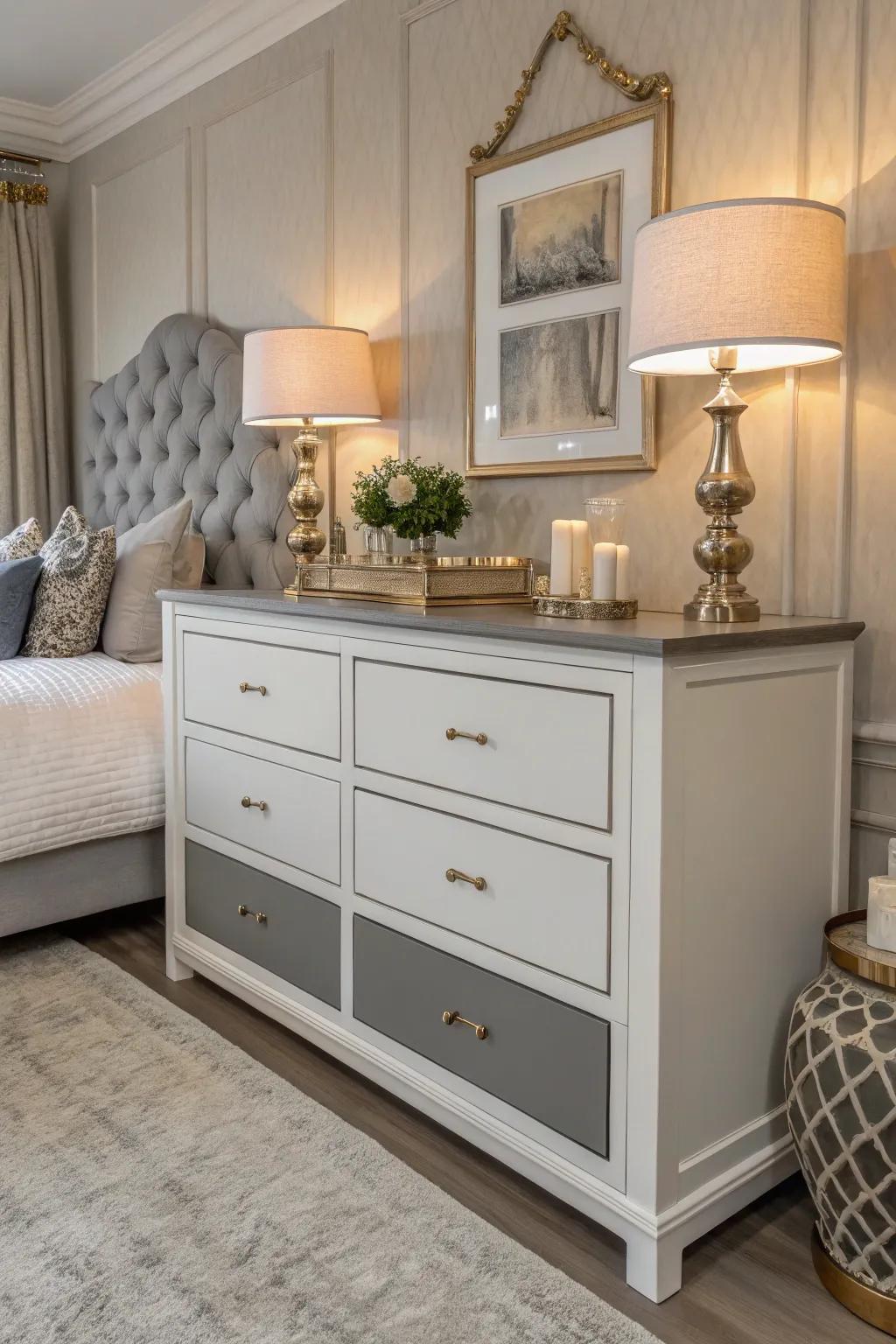 With a striking two-tone dresser makeover that combines modern and minimalist design, you can elevate your area.