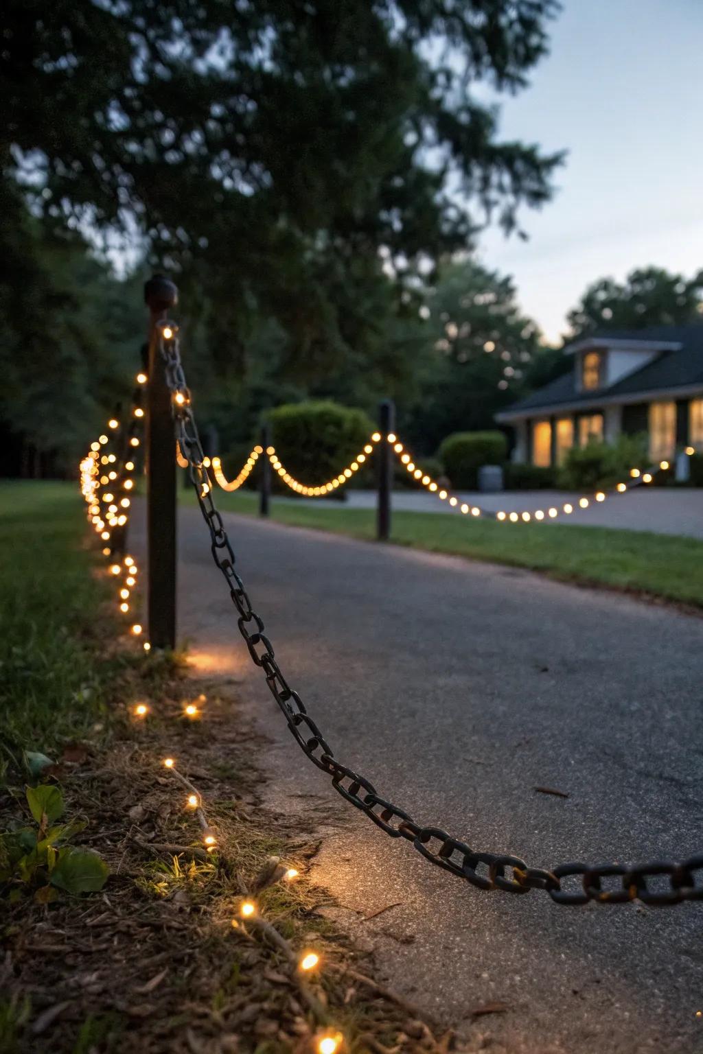 Solar lights on a chain contributing a warm glow to any driveway.