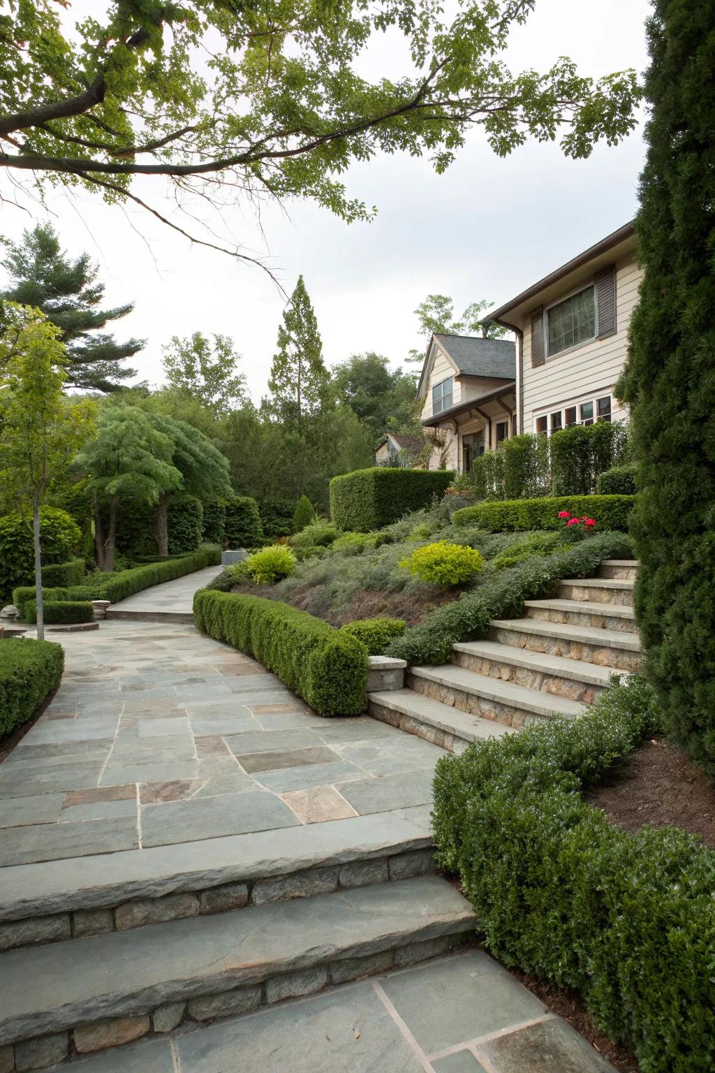 Height variations add drama and guide the gaze upward at this entrance.