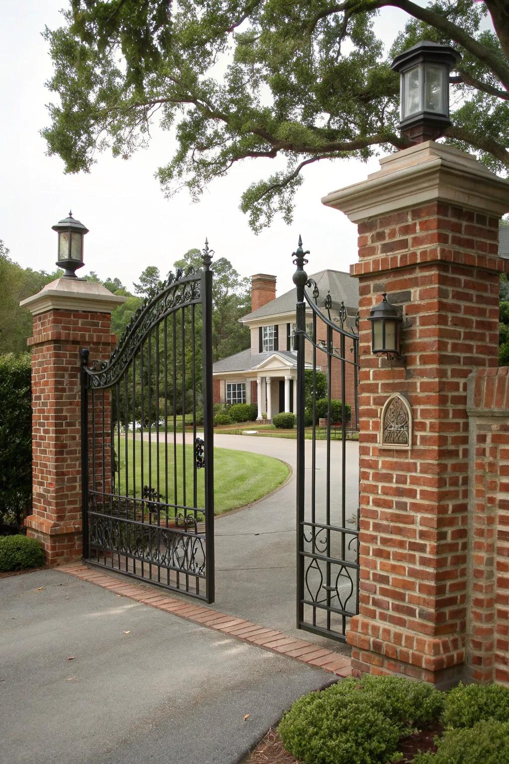 A traditional brick and iron gate that withstands the test of time.