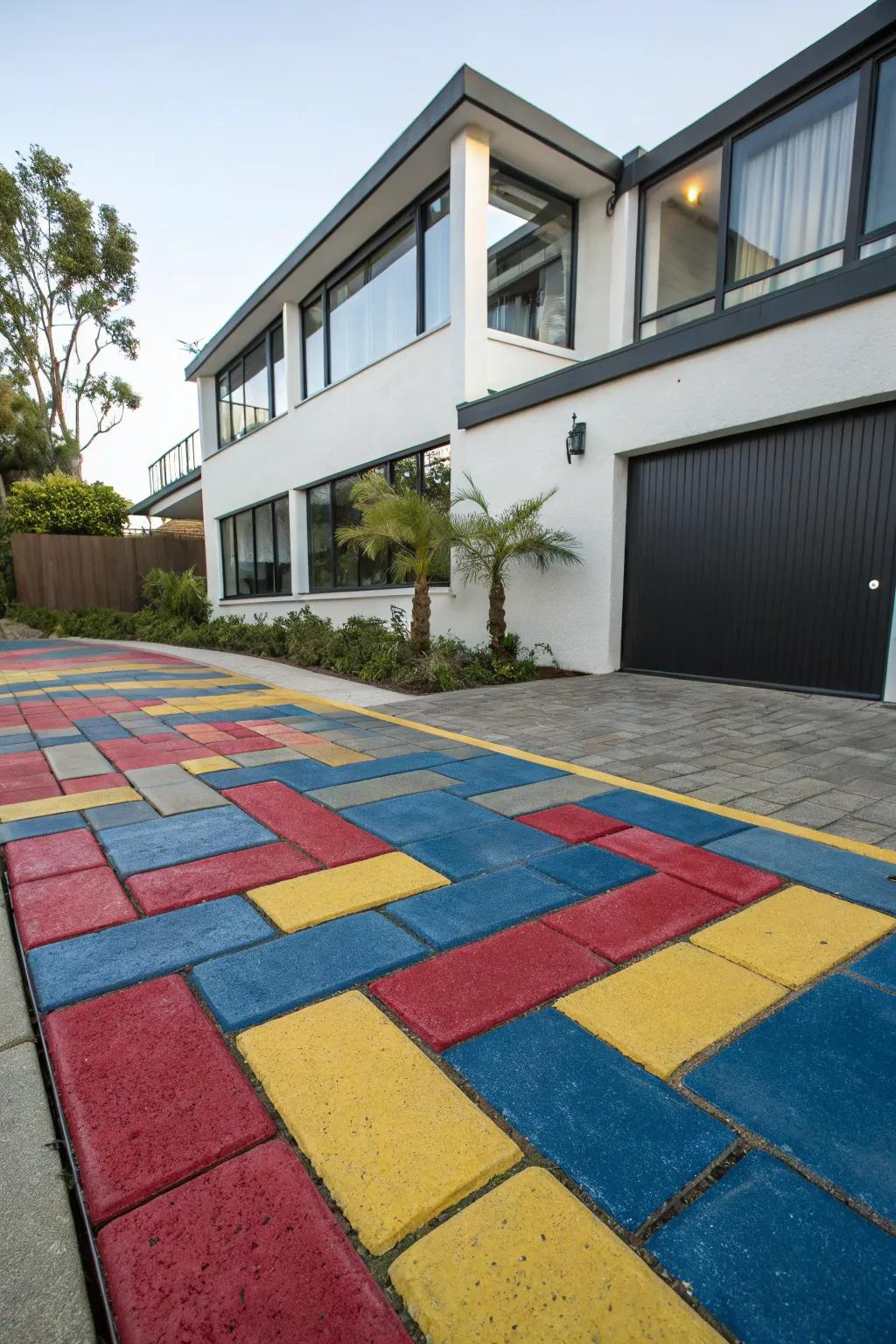 A driveway that commands attention with vibrant, eye-catching paver colors.