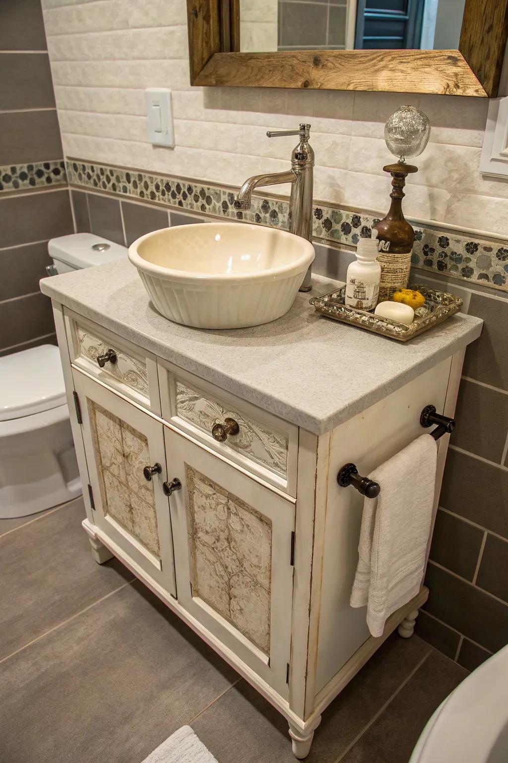 A classic reclaimed storage unit repurposed into a distinctive washstand.