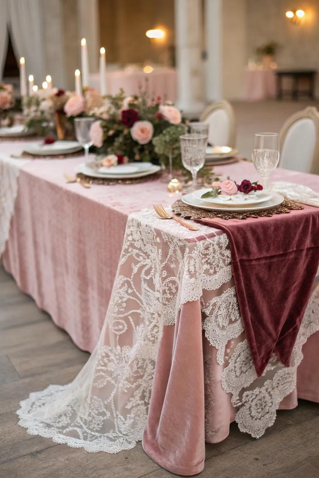 Sumptuous fine lace and plush velvet in rosewood blush.