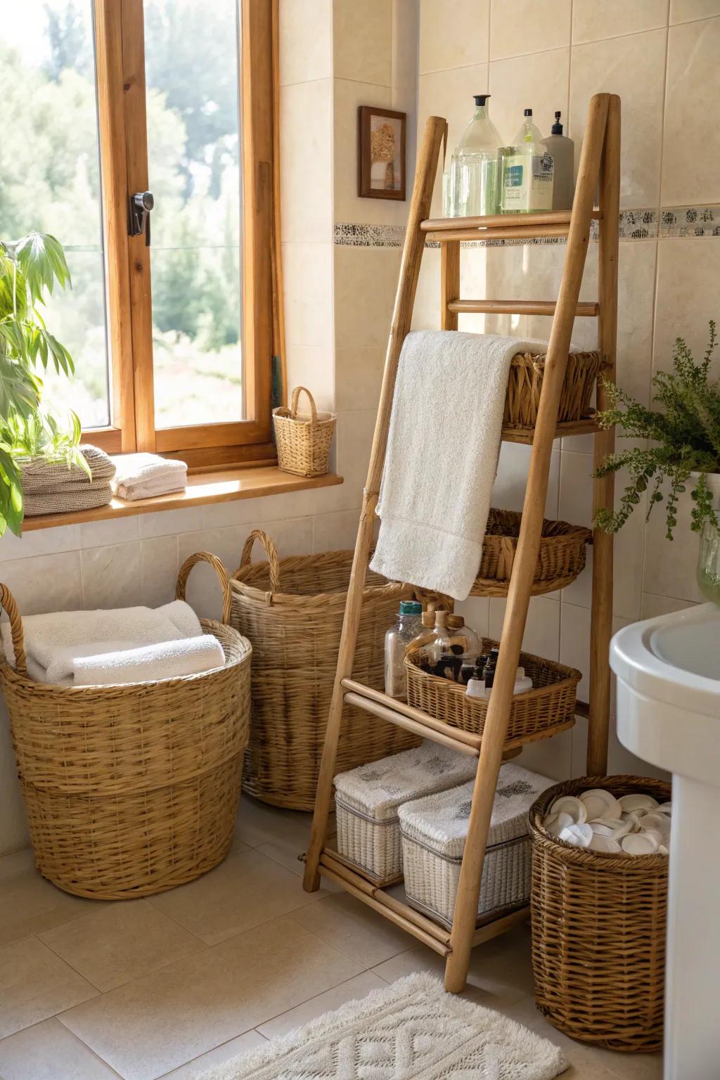 Cane and bamboo elements introduce texture and warmth to the bathroom.