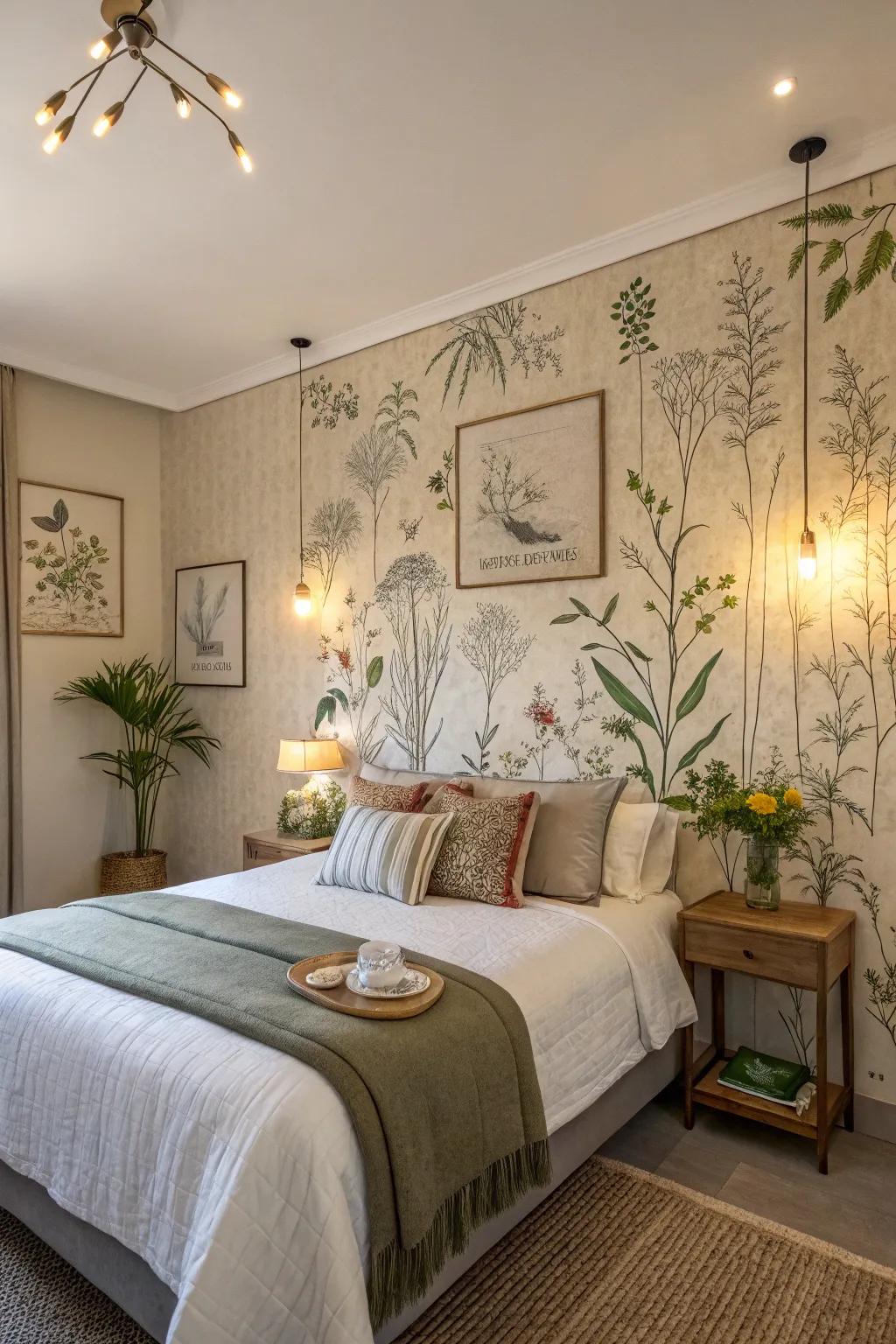 An outdoor-inspired accent wall welcomes the outdoors inside.