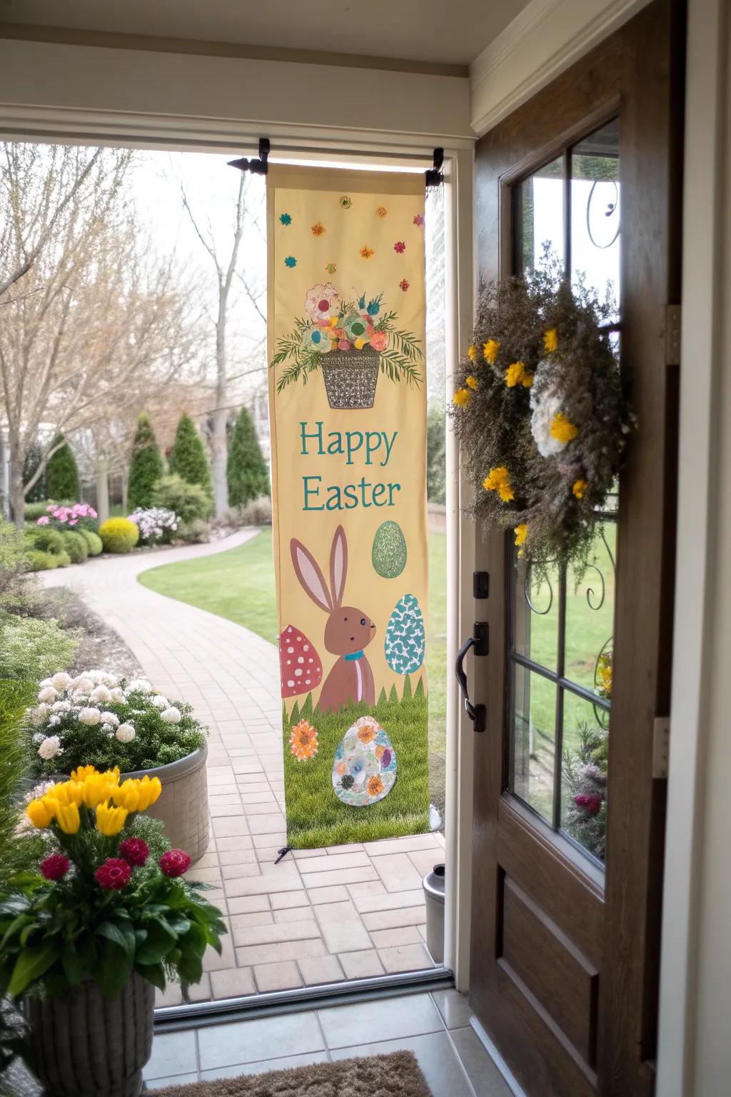 An artisanal rendered canvas banner delivers a customized Easter welcome.