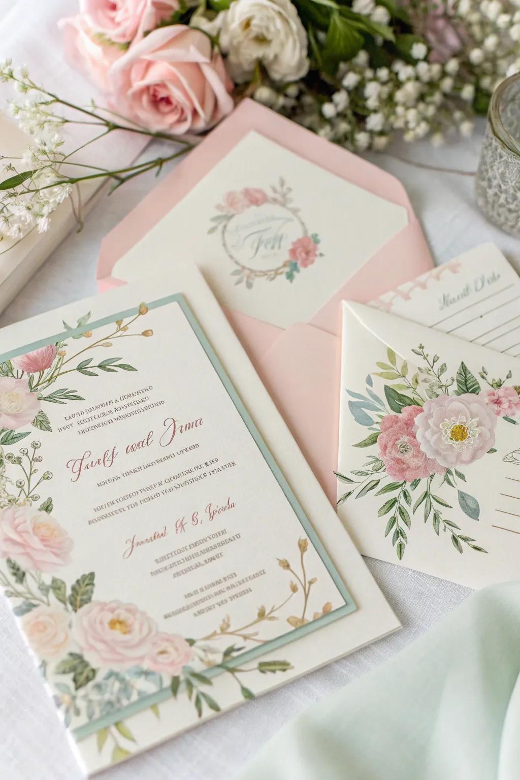 Wedding announcements featuring floral designs and delicate colors.