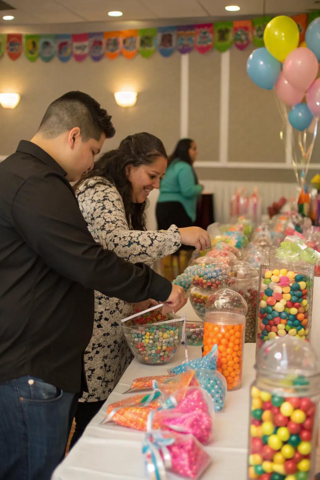 Attendees relishing tailored sweet pouches.