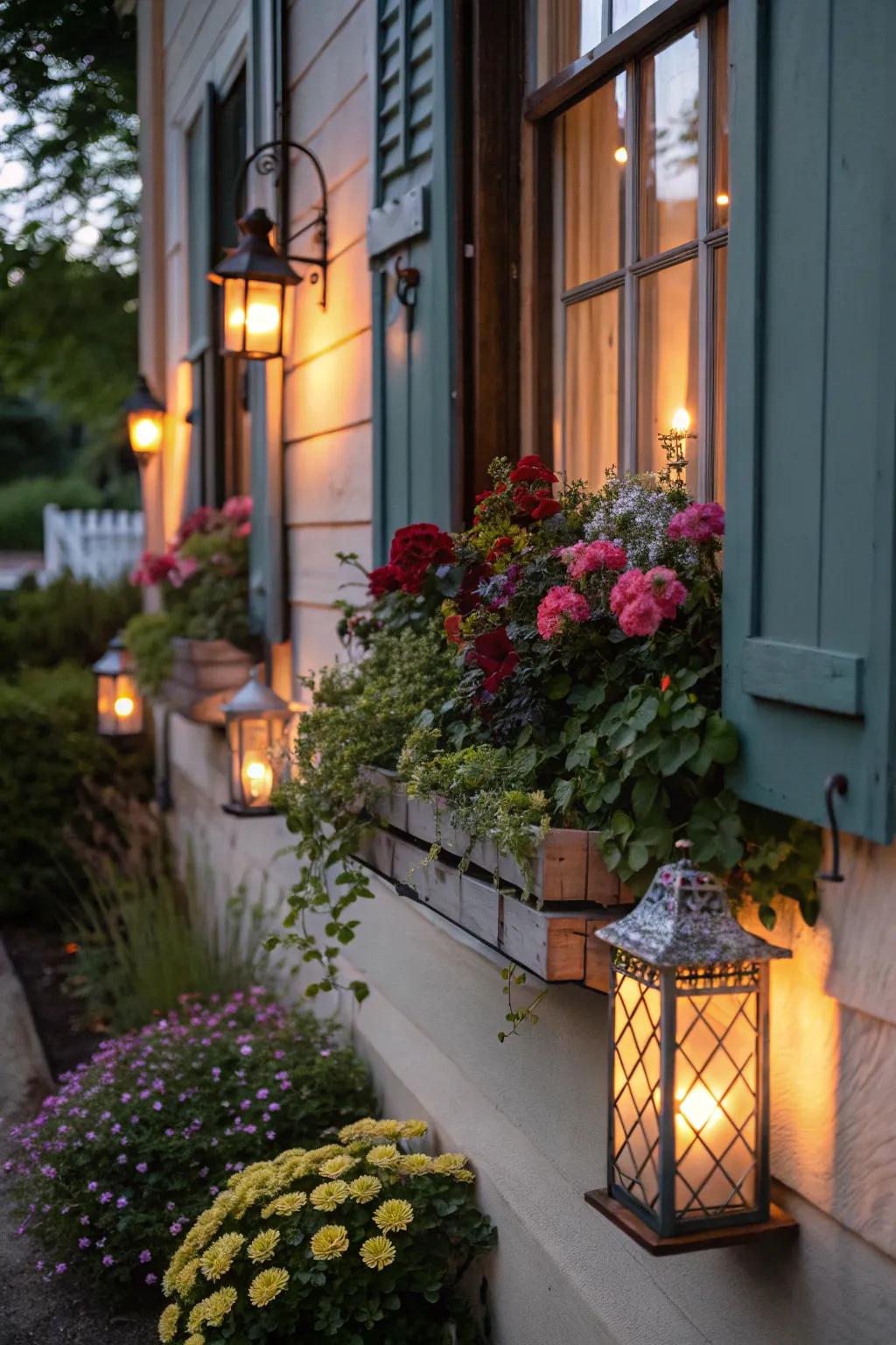 Lanterns add a cozy glow to fall window boxes.