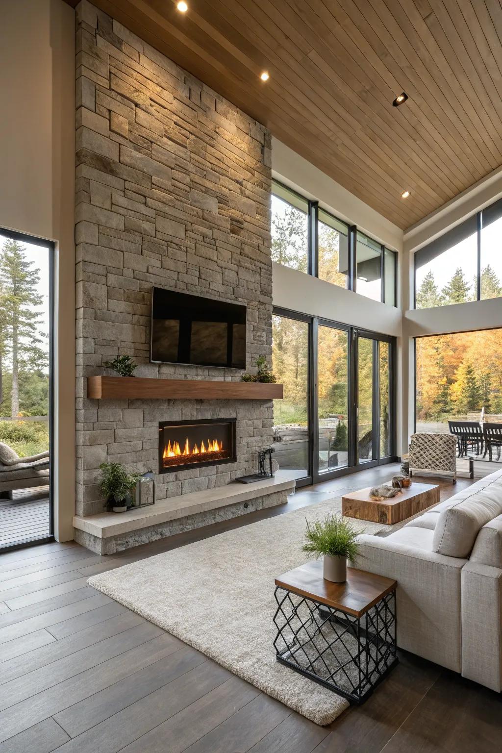 An open-concept area where the fireplace harmonizes the space.