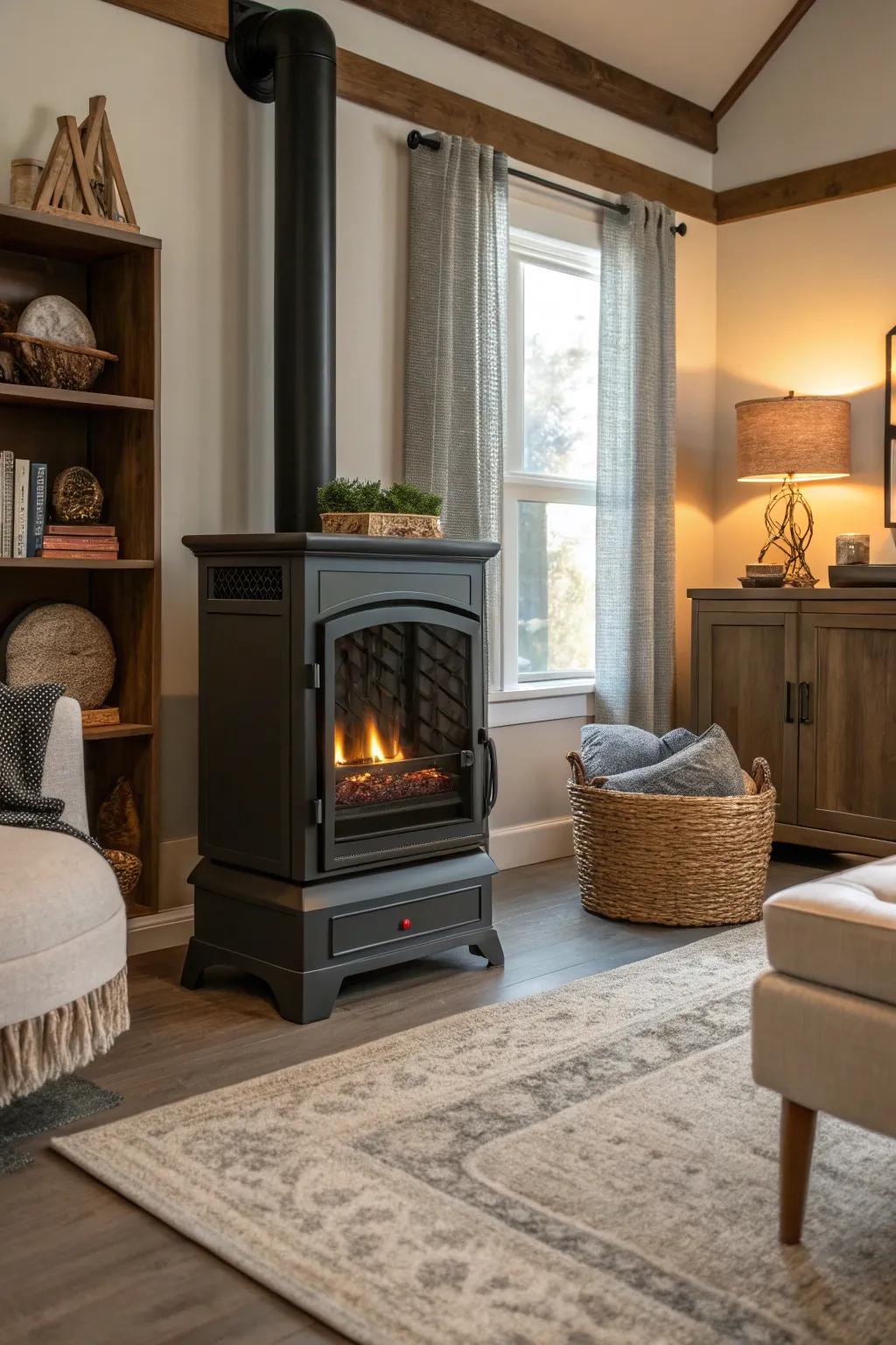 A freestanding electric firebox in a cozy living room