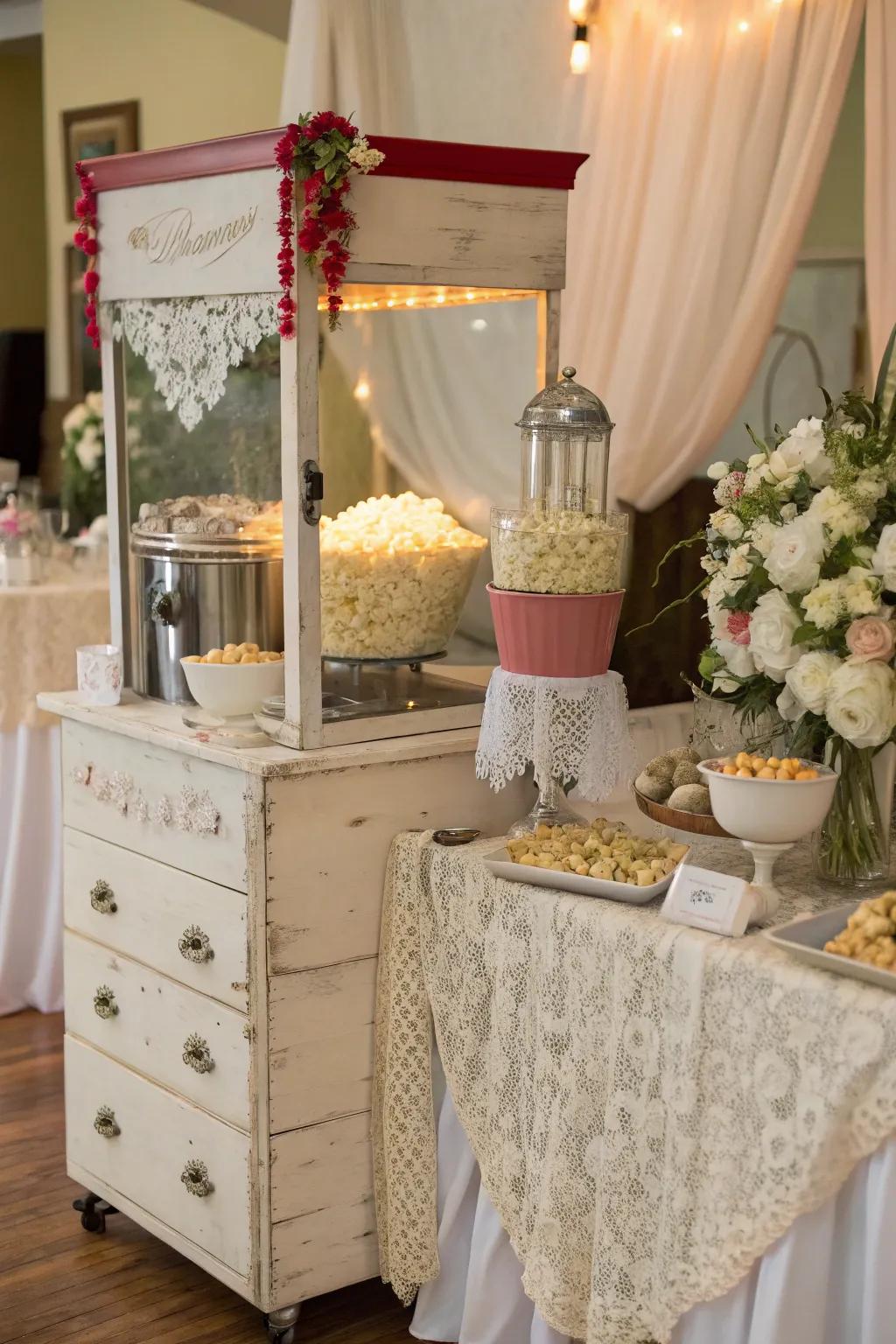A vintage dresser re-purposed as a creative and sustainable popcorn station.