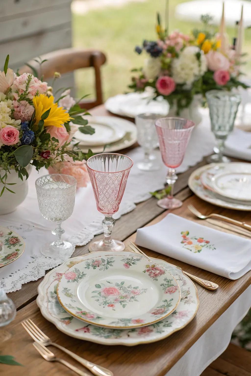 Assorted vintage crockery creates a charming and eclectic vibe.