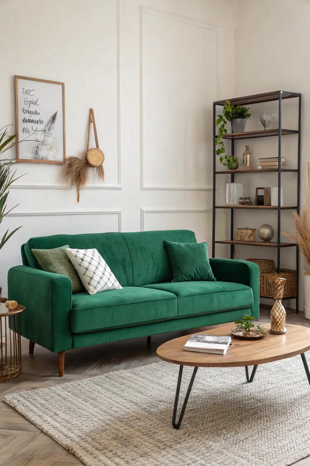 A minimalist approach lets the deep-green couch shine.