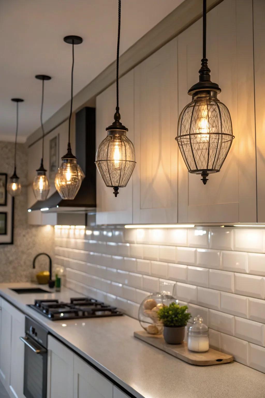 Light installations introduce refinement and emphasis to kitchen walls.