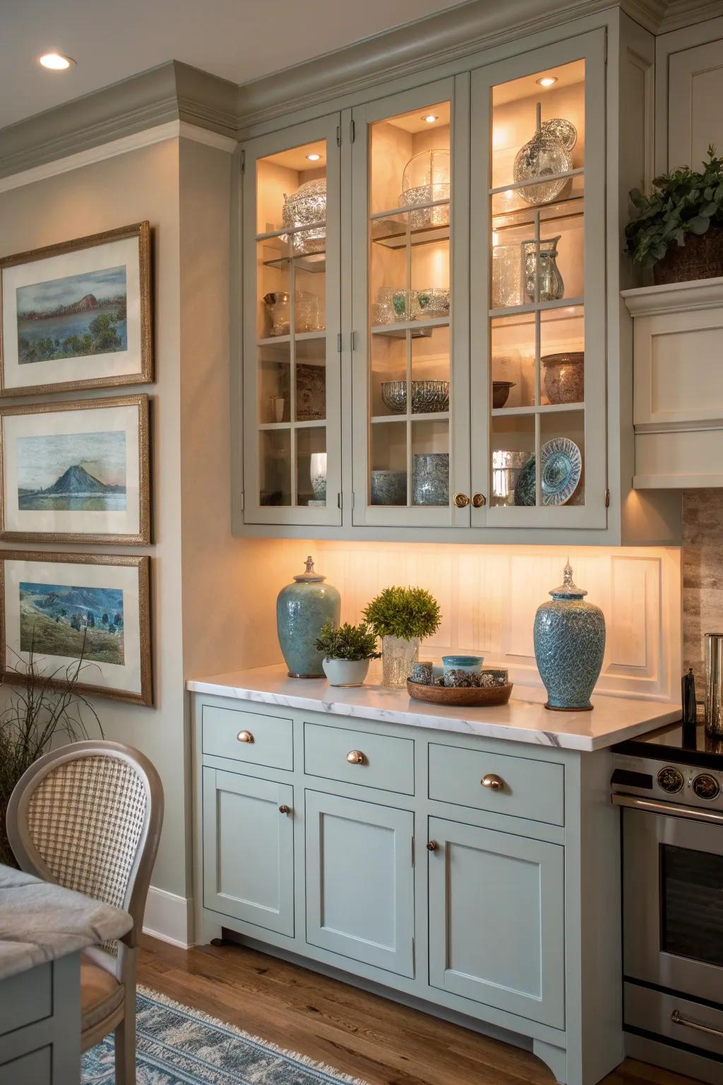 Transform your kitchen into an art gallery with displays behind clear panes.
