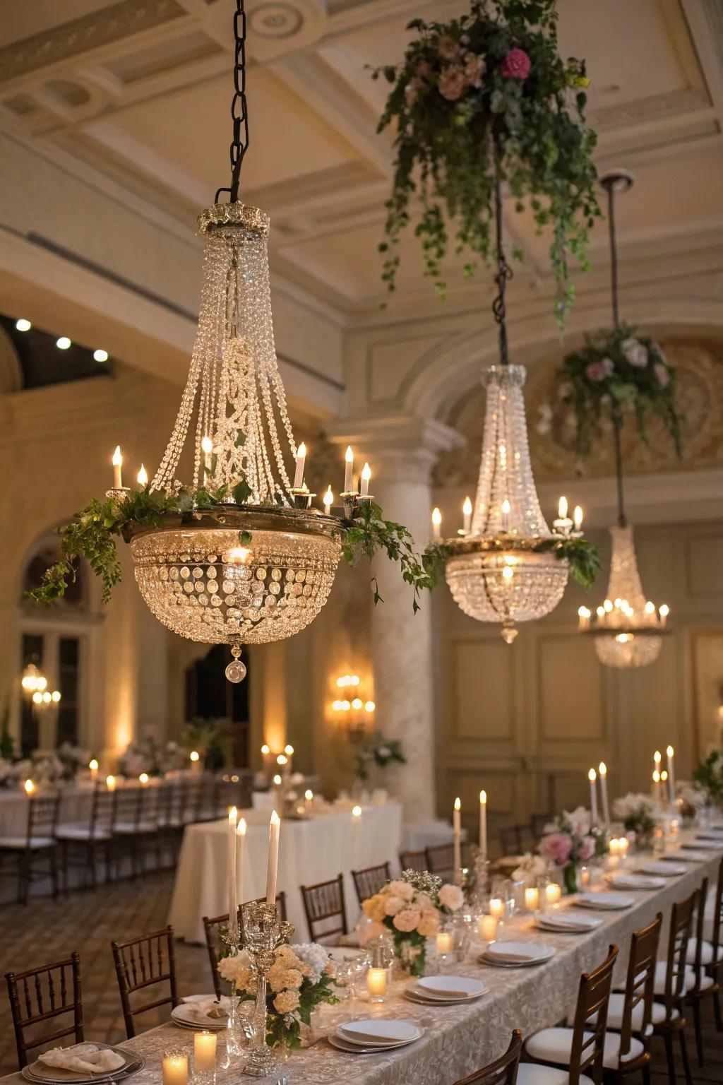 Vintage chandeliers augmenting refinement to the celebratory atmosphere.