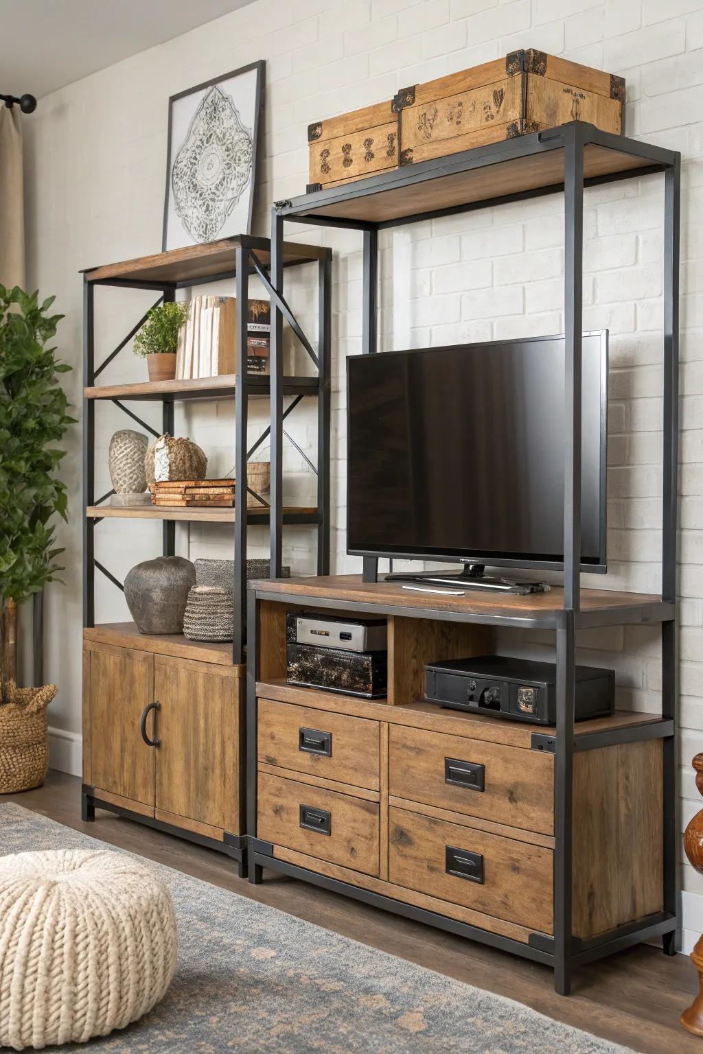 A variety of textures create depth in this entertainment center decor.
