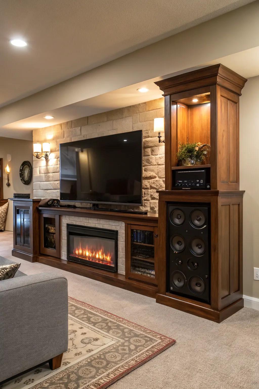 An entertainment center combined with a welcoming fireplace.