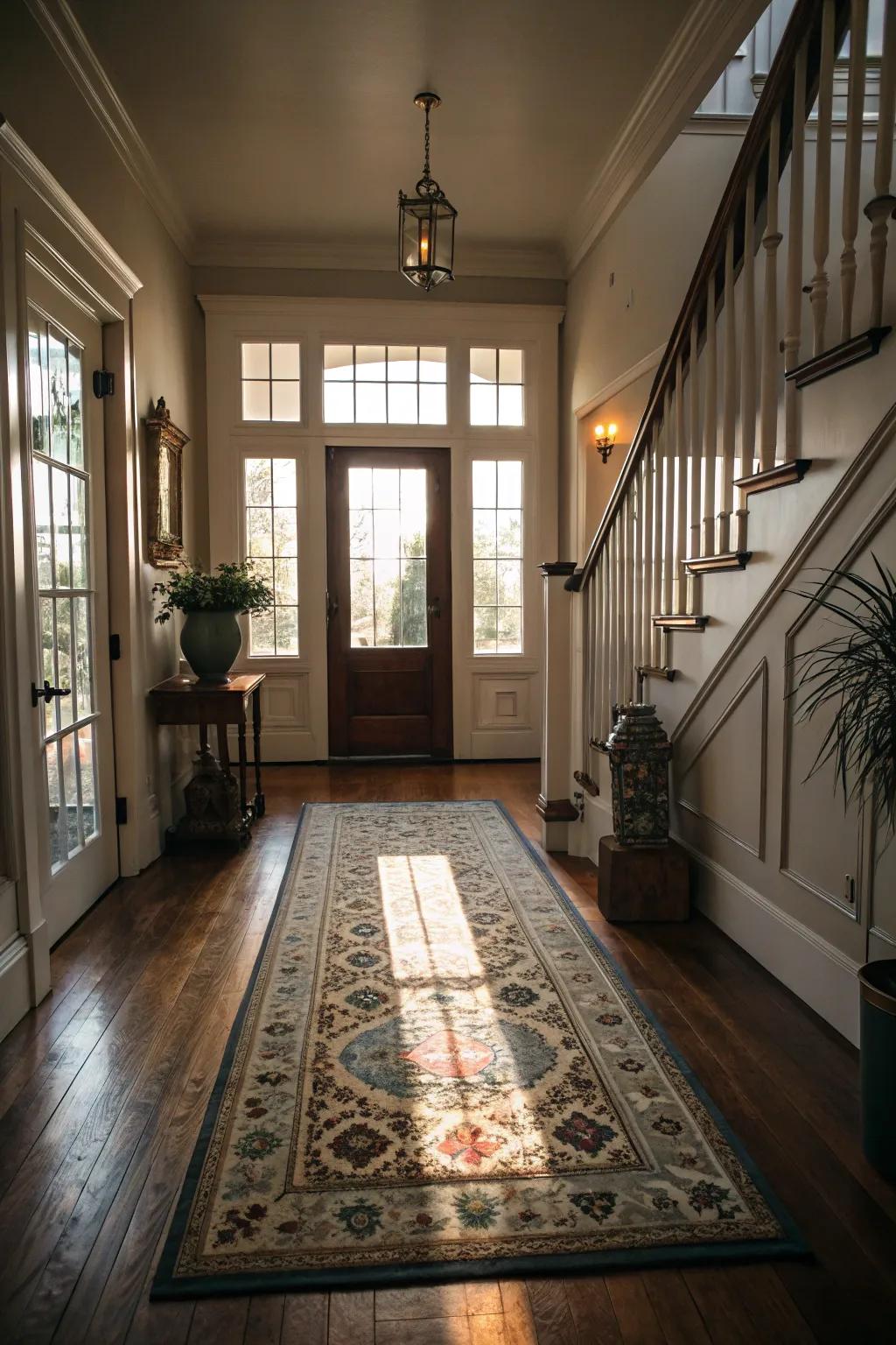 A plush rug enriches the entrance with warmth and tactile interest.