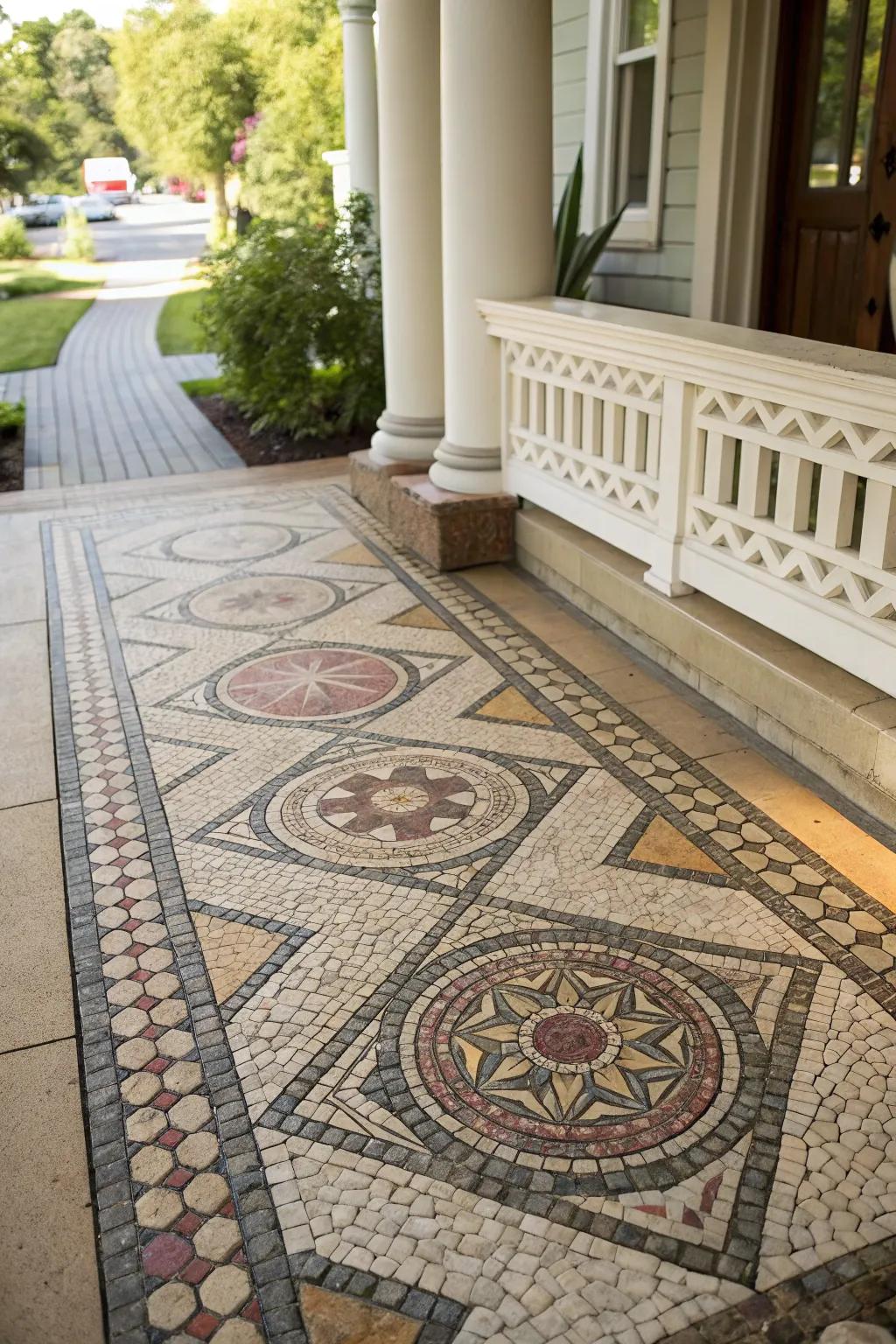 An artistic stone design that adds distinctive charm to the porch floor.