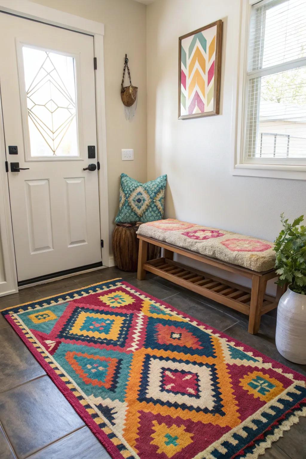 A floor covering introduces hue and comfort to the entryway nook.