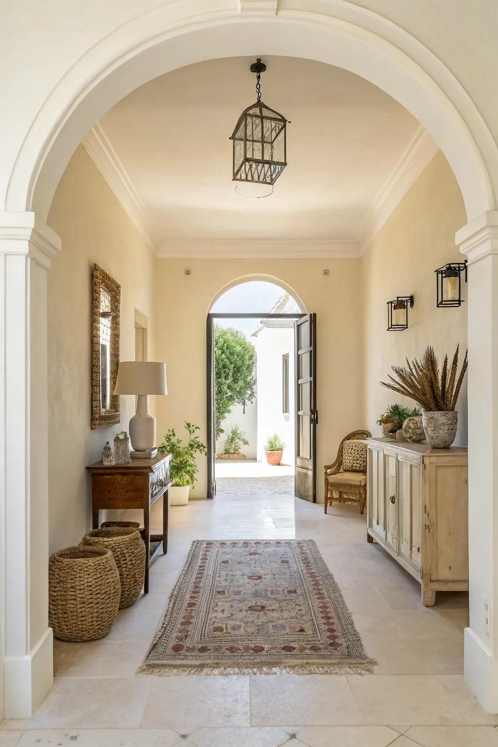 An entrance exhibiting pale cream walls, engendering a radiant and airy ambiance.