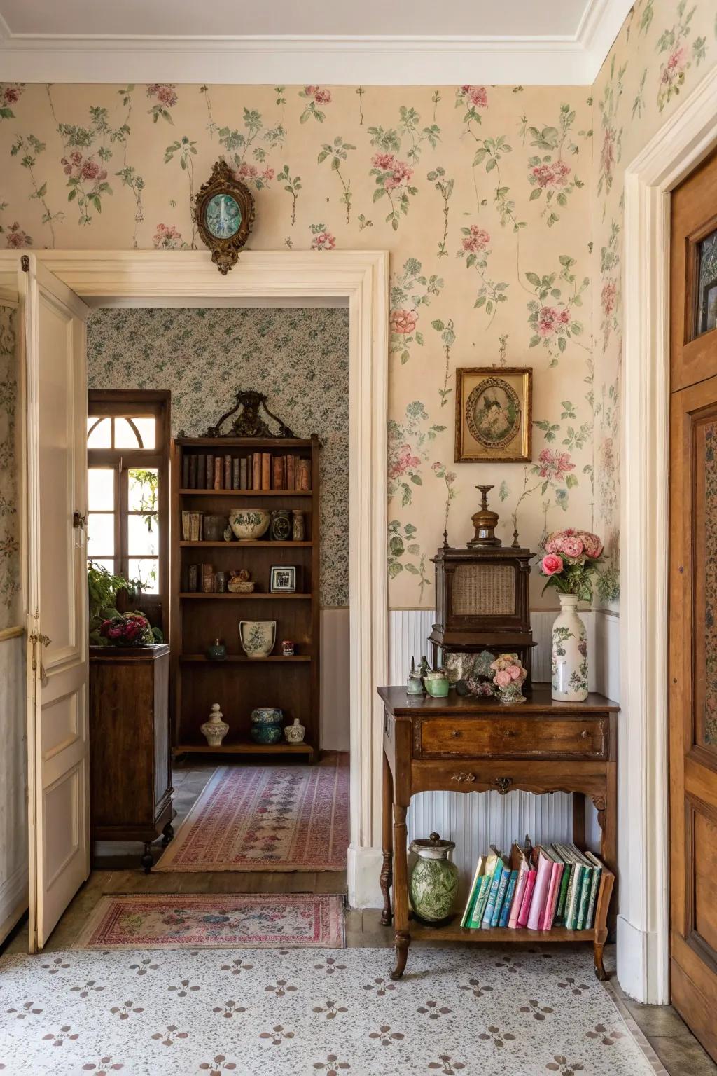 An attractive entryway presented vintage wallpaper, evoking nostalgia.