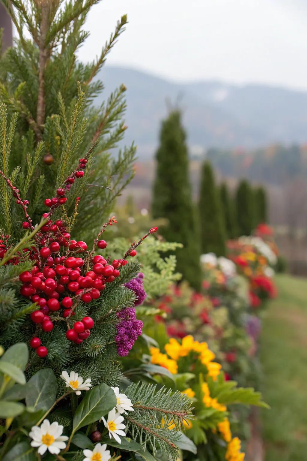 A garden showcasing evergreens accented with berries and seasonal flowering plants.
