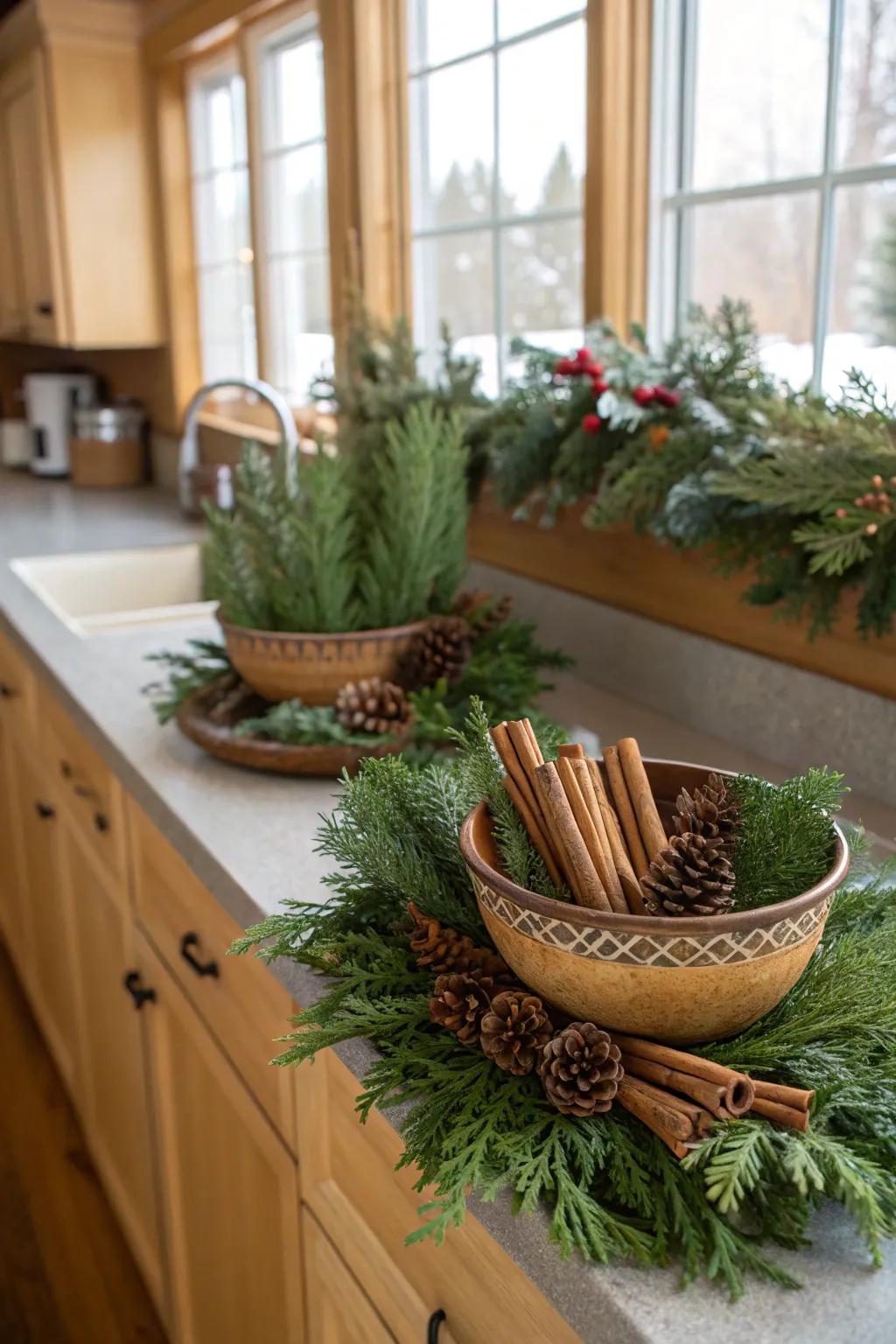A fragrant swag featuring cinnamon sticks in a kitchen setting.