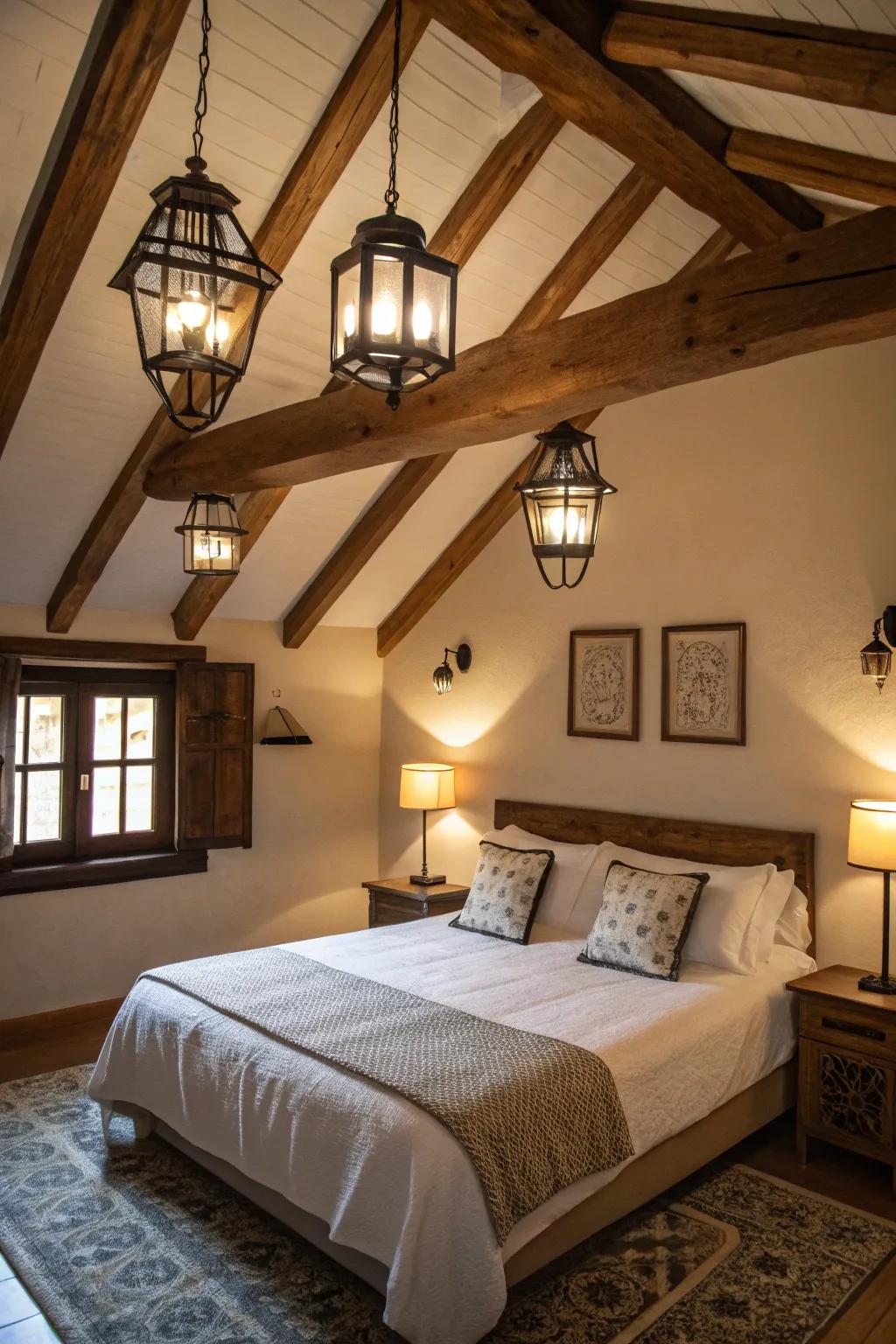 Cabin charm with lights that look like lanterns for a cozy glow.