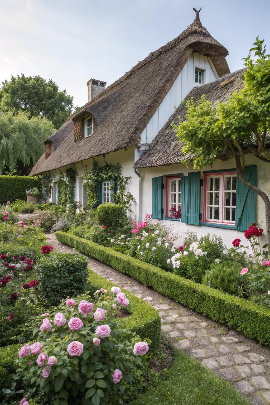 A charming rustic-style home with quaint details and a lush garden.