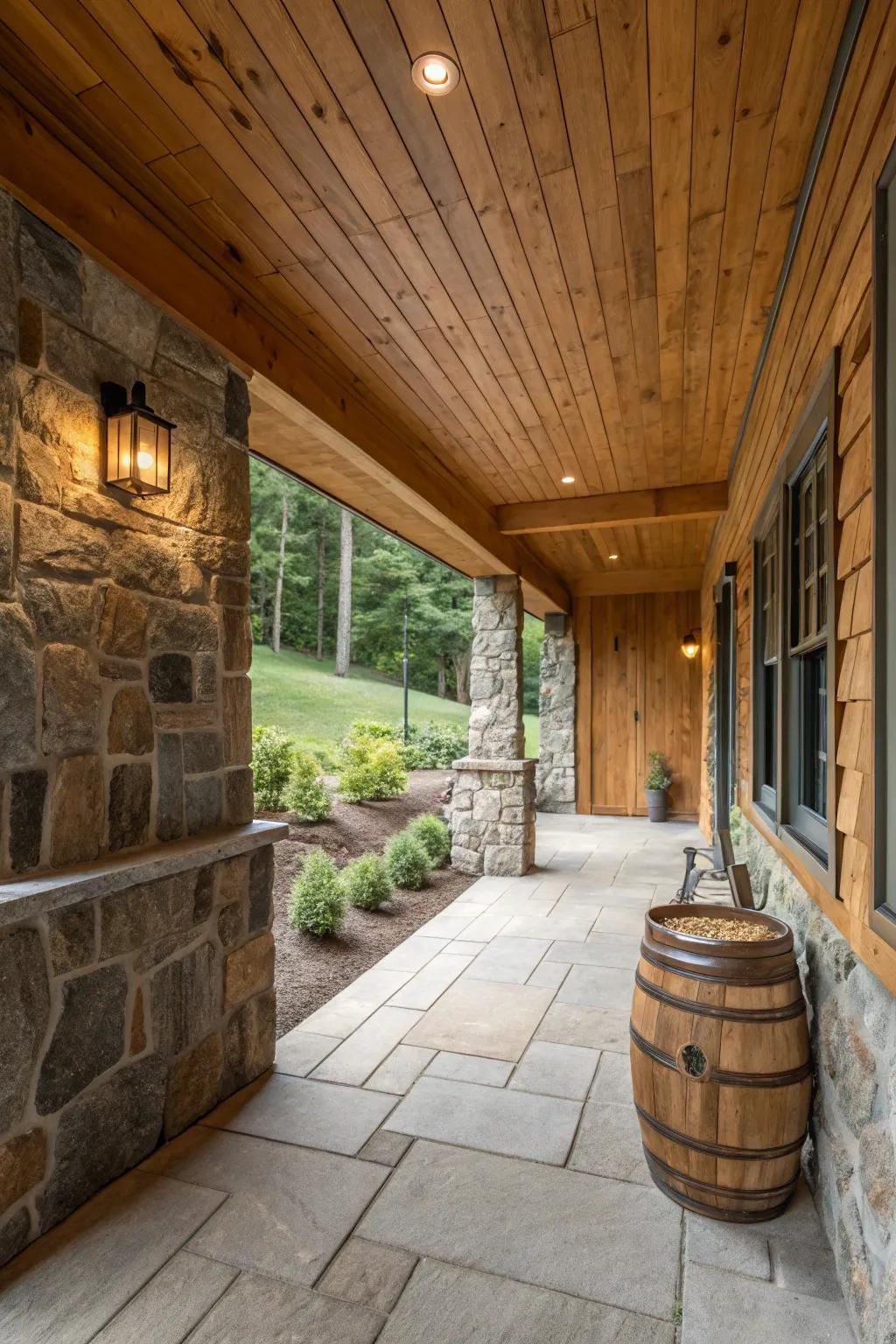 Wood and stone details add organic charm to a walkout basement.