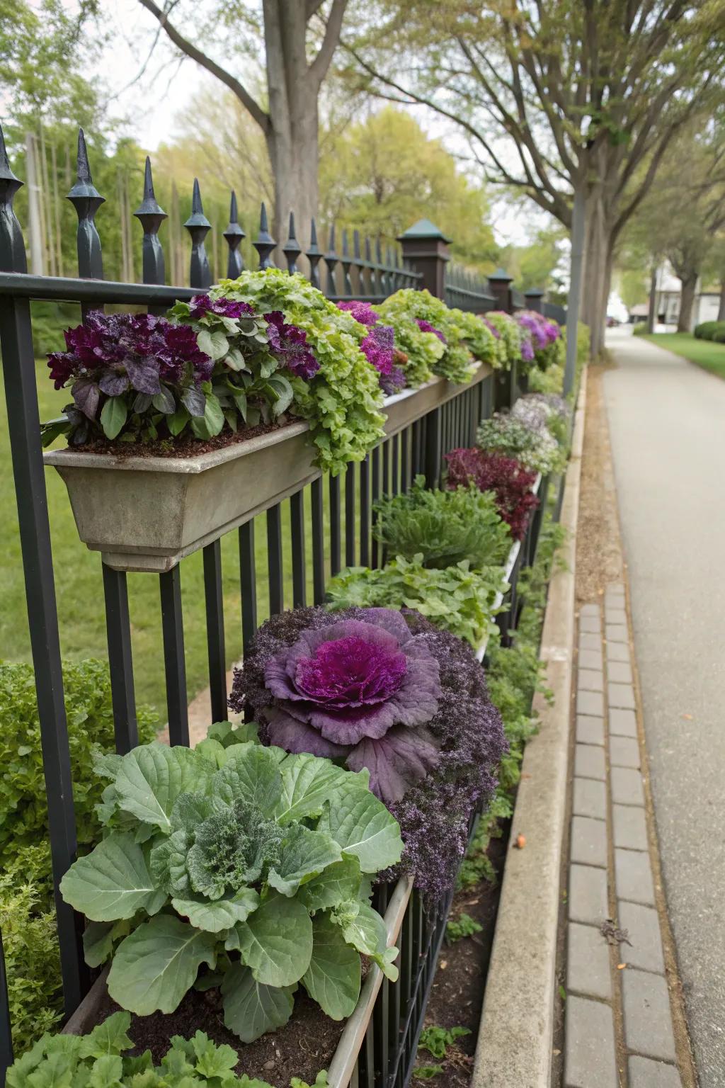 Seasonal flora in planters incorporates a hint of verdancy to the fence.