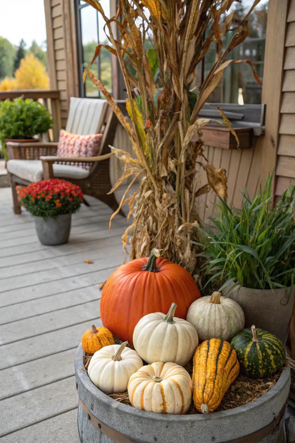 Field stalks and gourds create a mini autumn festival feel.