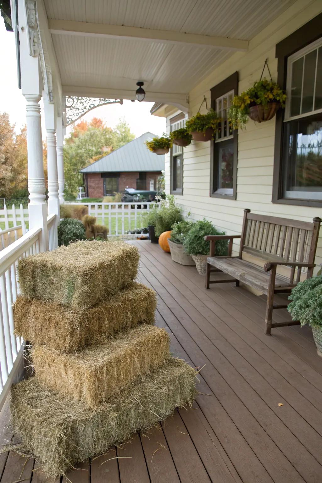 Plant fiber bundles extend countryside texture and serve as stands or seating arrangements.