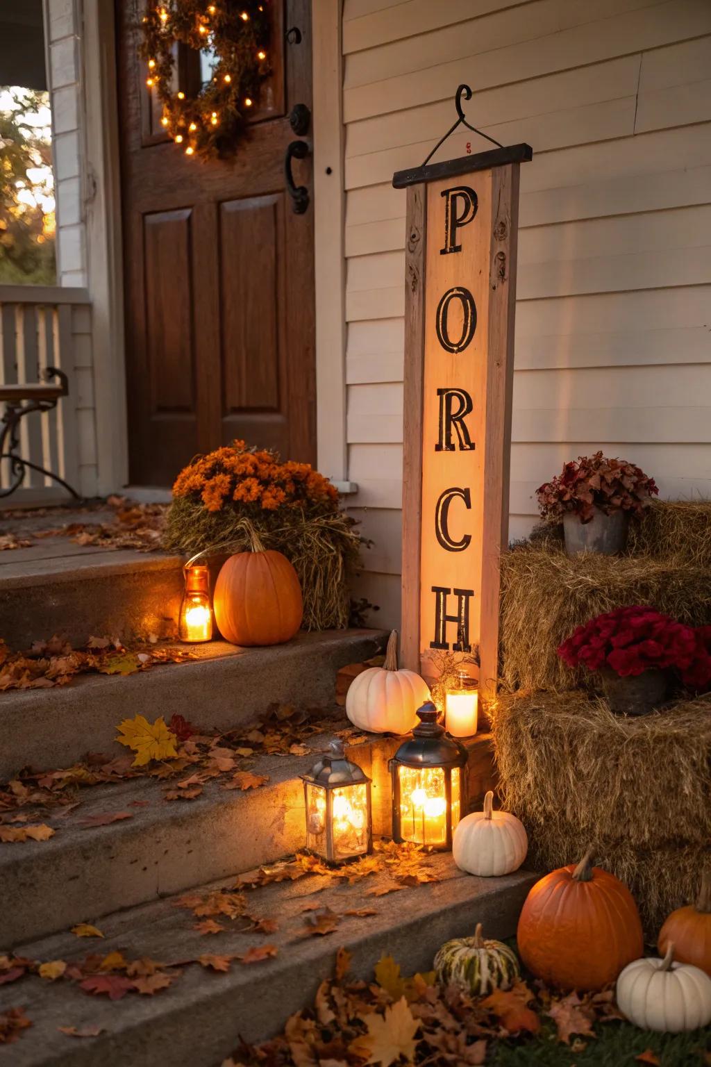 Create a warm evening glow with lanterns beside your porch marker.