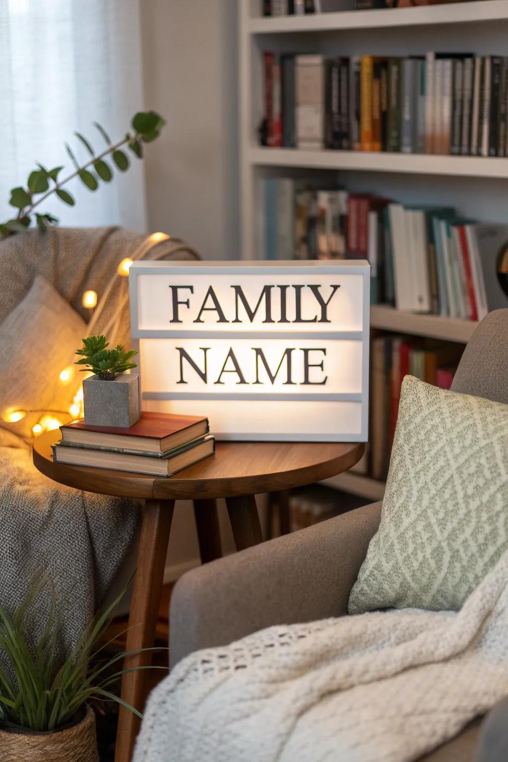 An uplifting family name display provides a heartfelt accent in a reading corner.