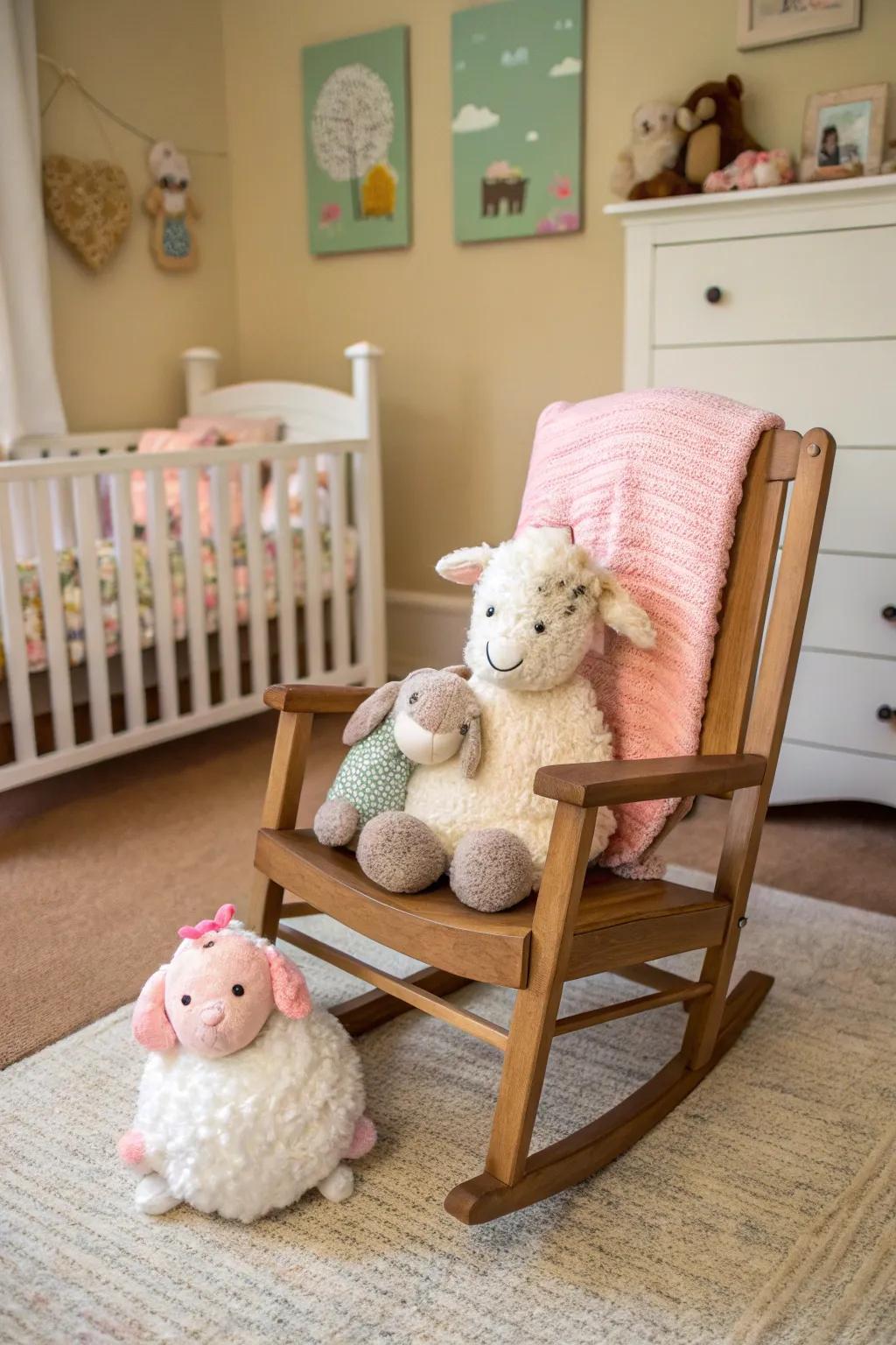 Plush toys introduce warmth and coziness to a farm-themed space.