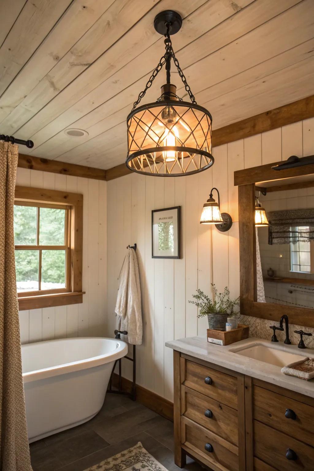 Overhead light fixtures add a hint of refinement to a farmhouse bathroom.