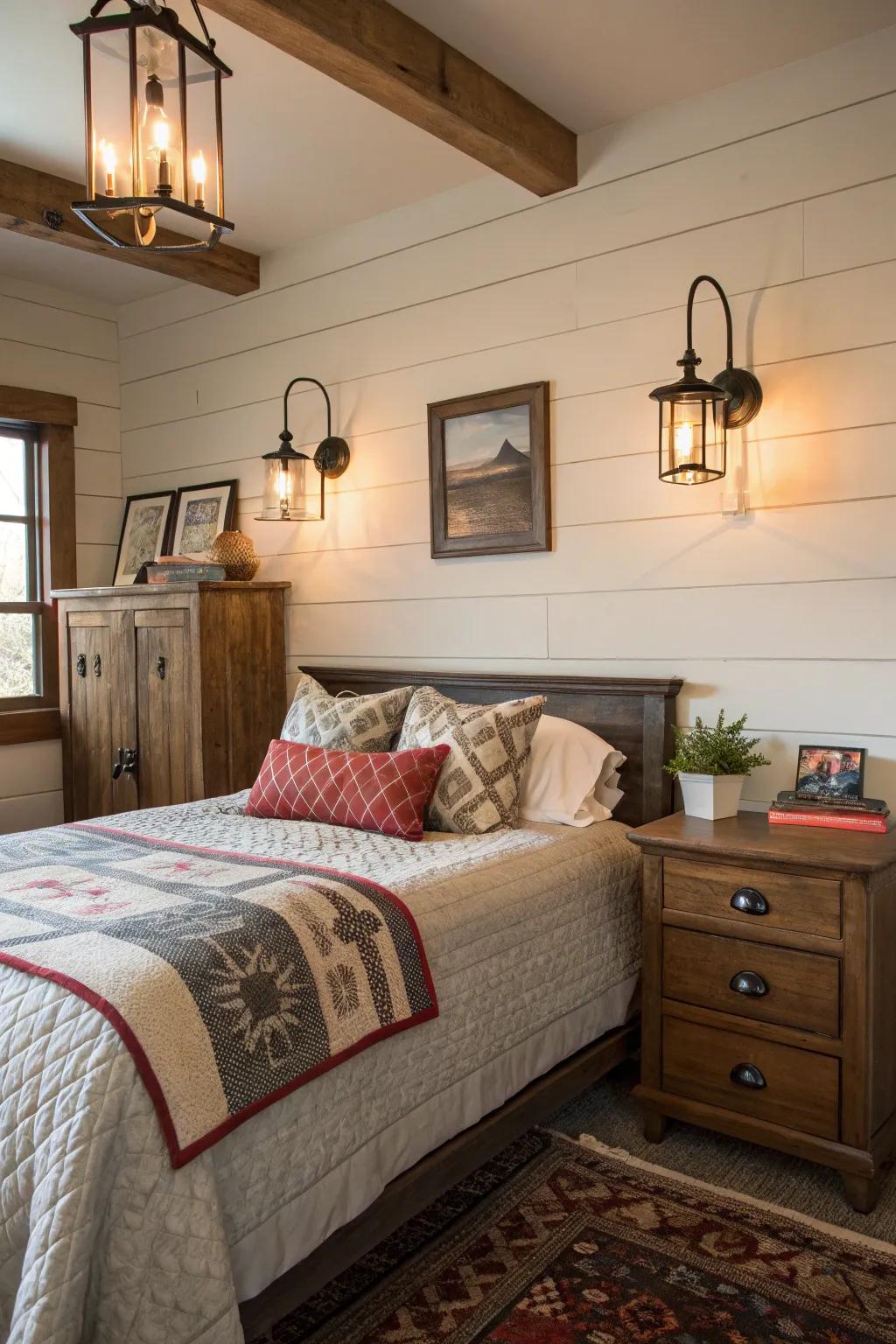 Industrial sconces offer gentle illumination.