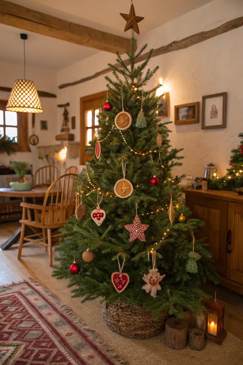 Handcrafted decorations impart a personal and charming nuance to this tree.