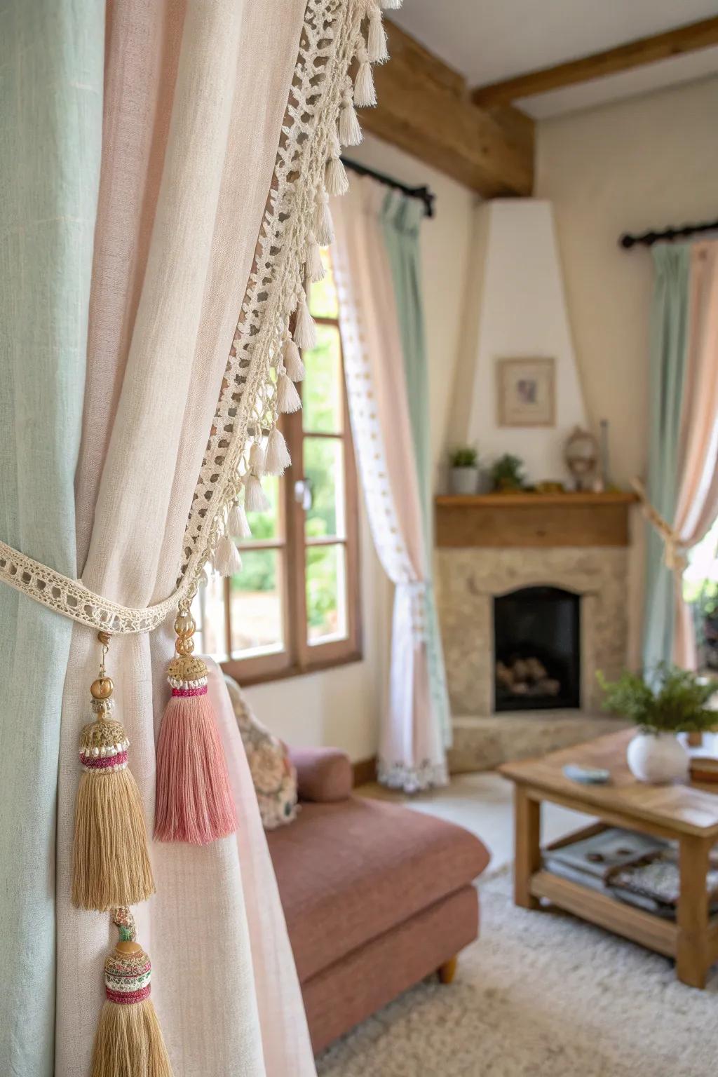 Farmhouse curtains adorned with ornamental tassels in a quaint living room.