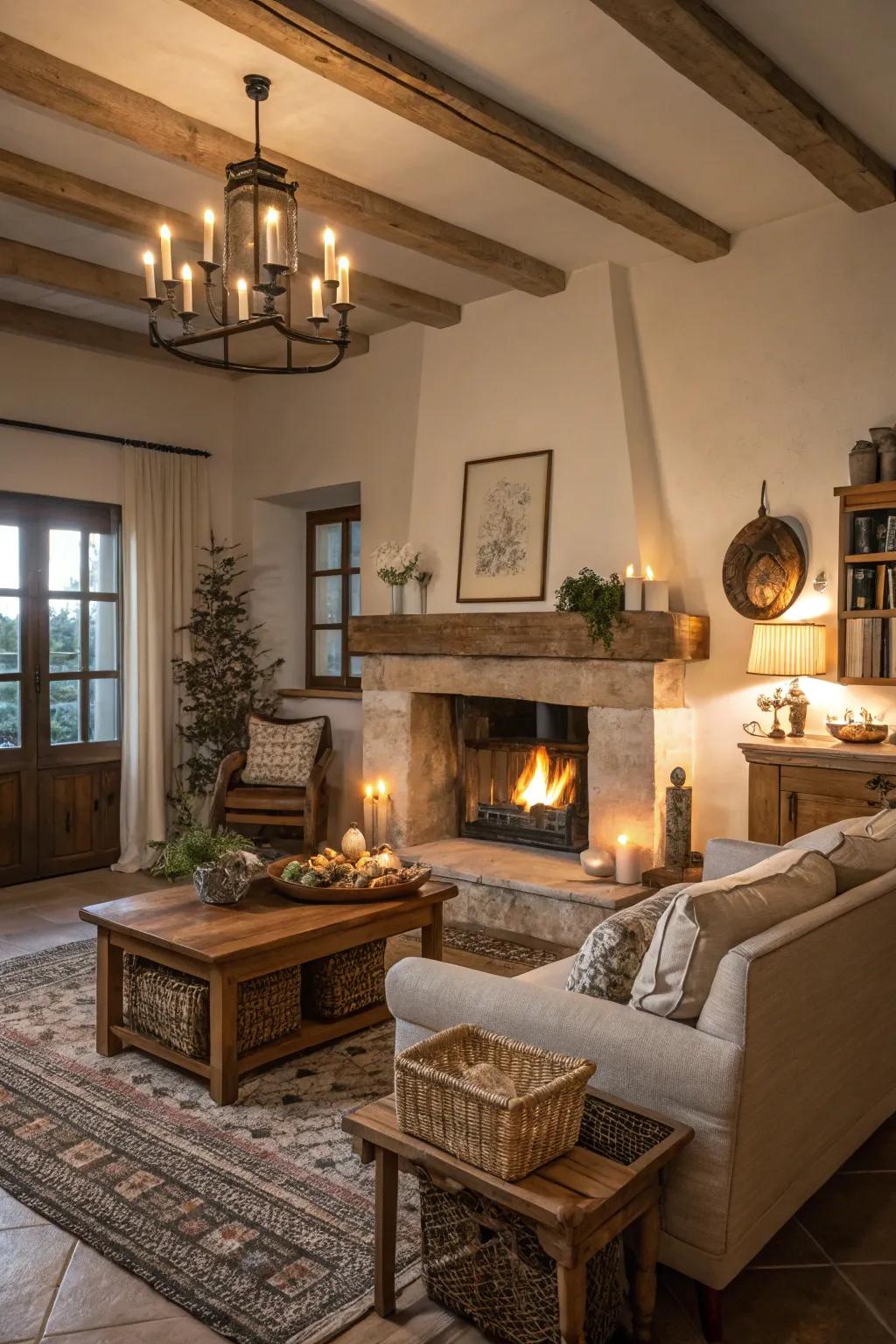 Warm lighting enhancing the coziness of a farmhouse fireplace.