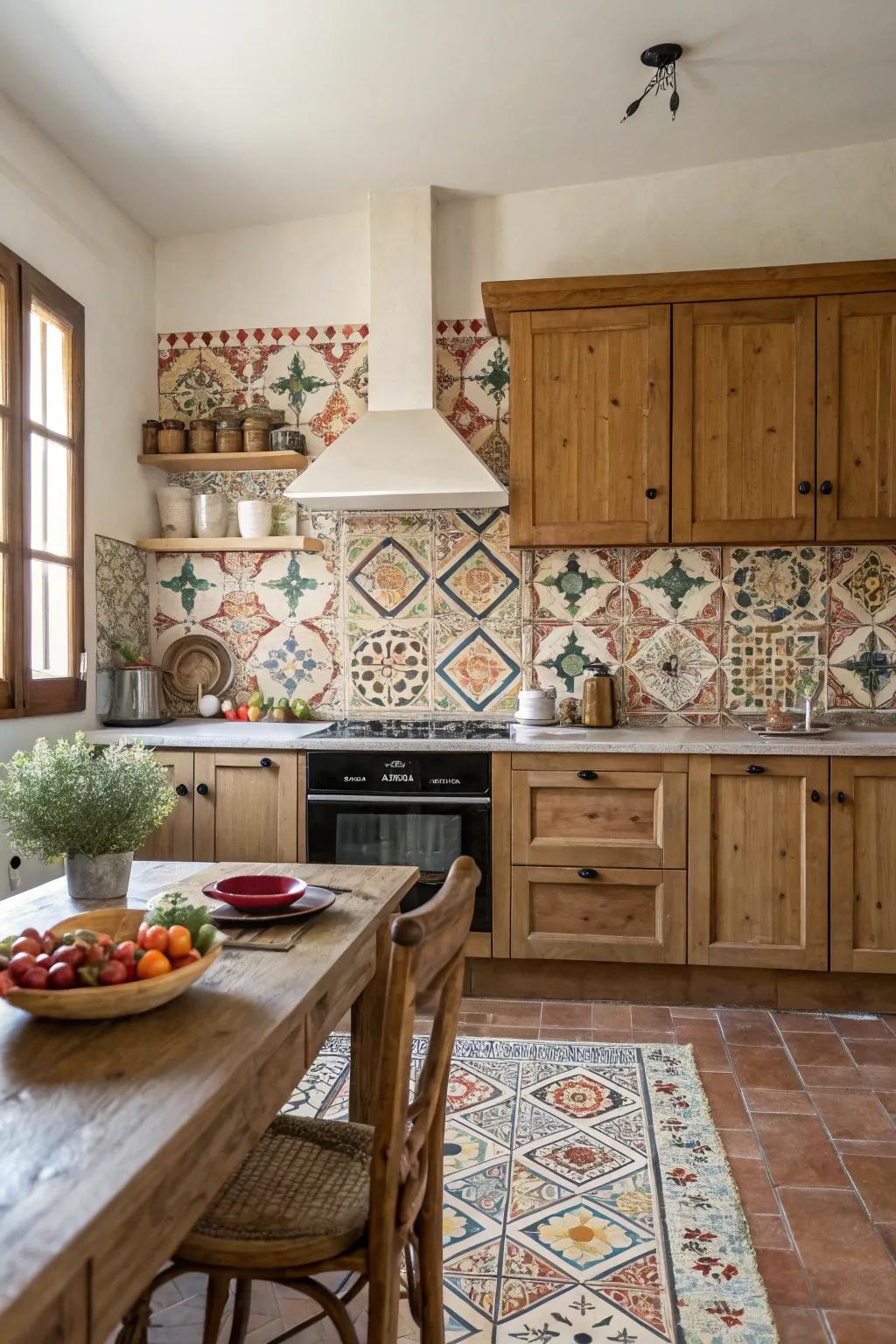 A farmhouse cooking area featuring a bold patterned tile backsplash.