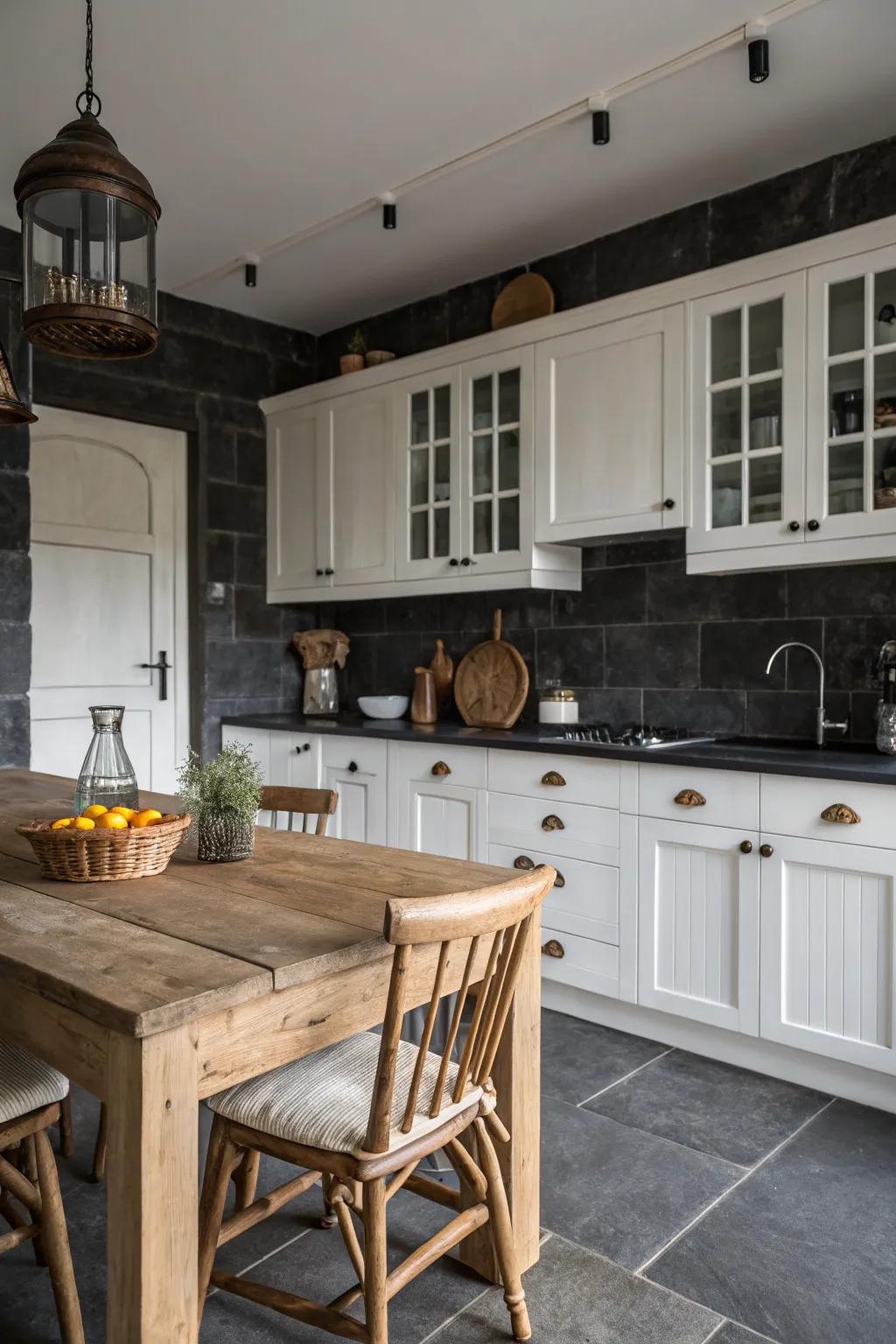 A dark stone backsplash contributes fullness and sophistication to this farmhouse kitchen.