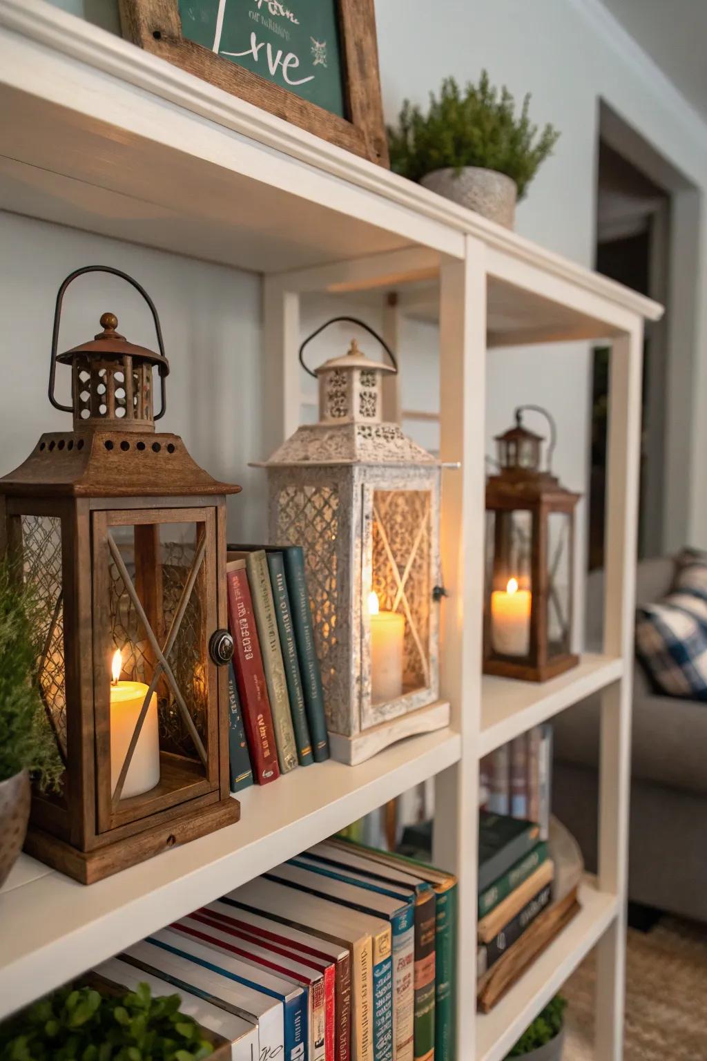 Lanterns can function as fashionable book stabilizers.