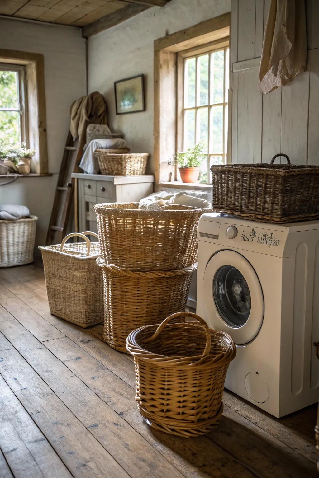 Ornamental holders offer both function and flair in this farmhouse laundry space.
